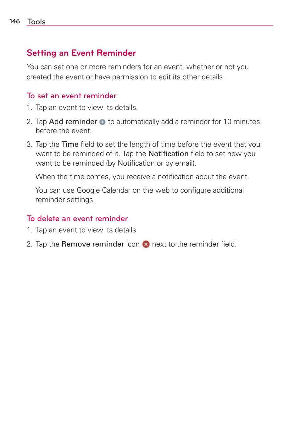 Setting an event reminder | LG LGVS870 User Manual | Page 148 / 223