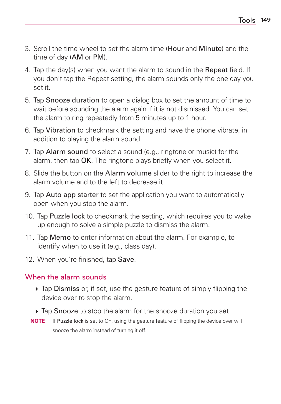 Tools, When the alarm sounds | LG LGVS870 User Manual | Page 151 / 223