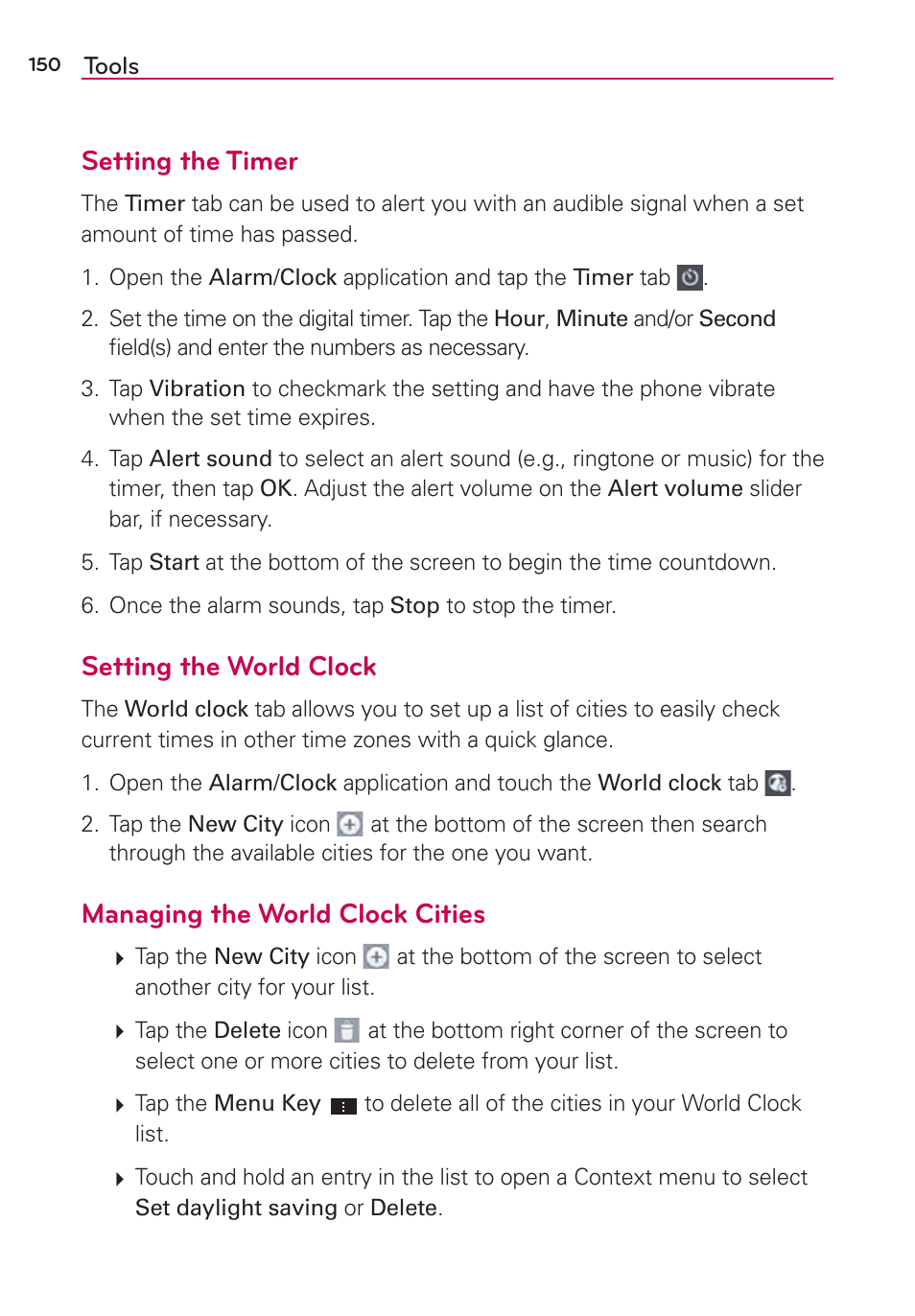 Setting the timer, Setting the world clock, Managing the world clock cities | LG LGVS870 User Manual | Page 152 / 223