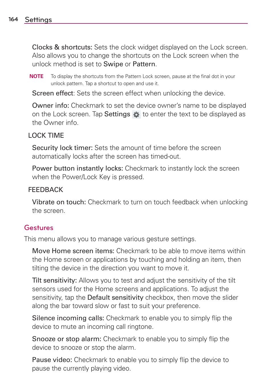 Settings, Gestures | LG LGVS870 User Manual | Page 166 / 223