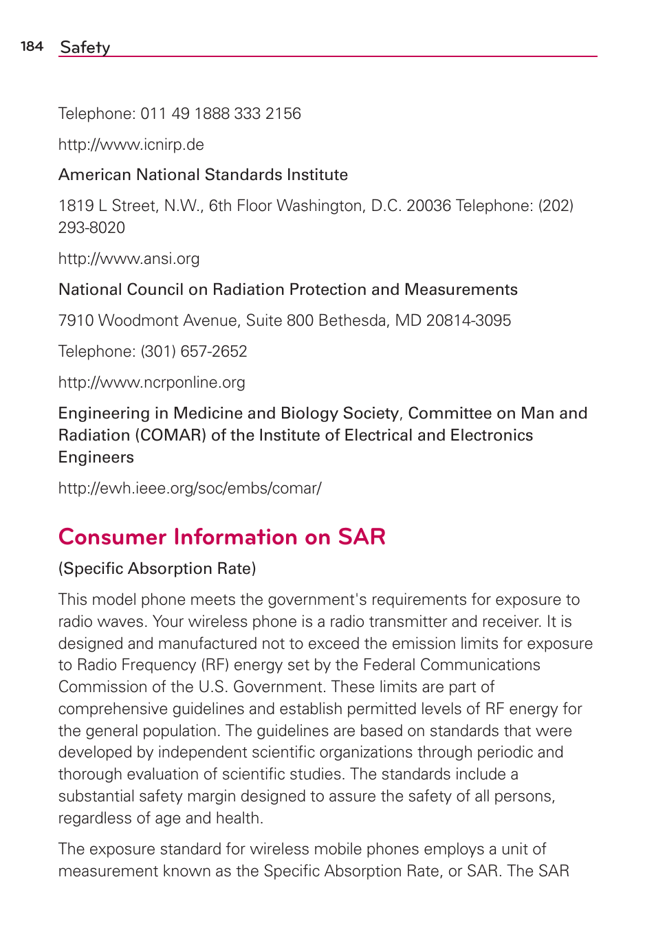 Consumer information on sar | LG LGVS870 User Manual | Page 186 / 223