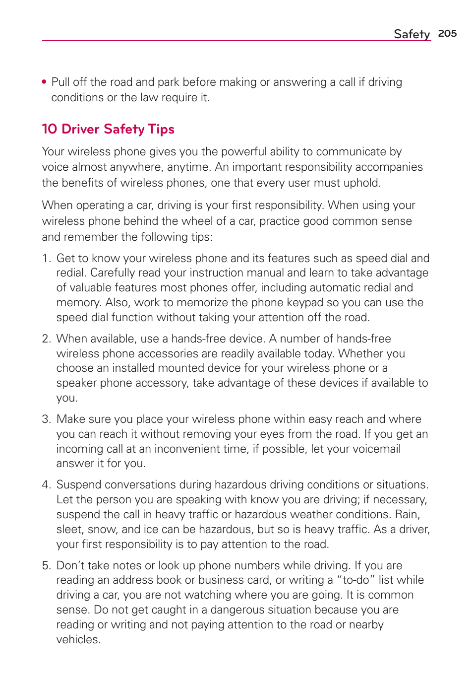 10 driver safety tips | LG LGVS870 User Manual | Page 207 / 223
