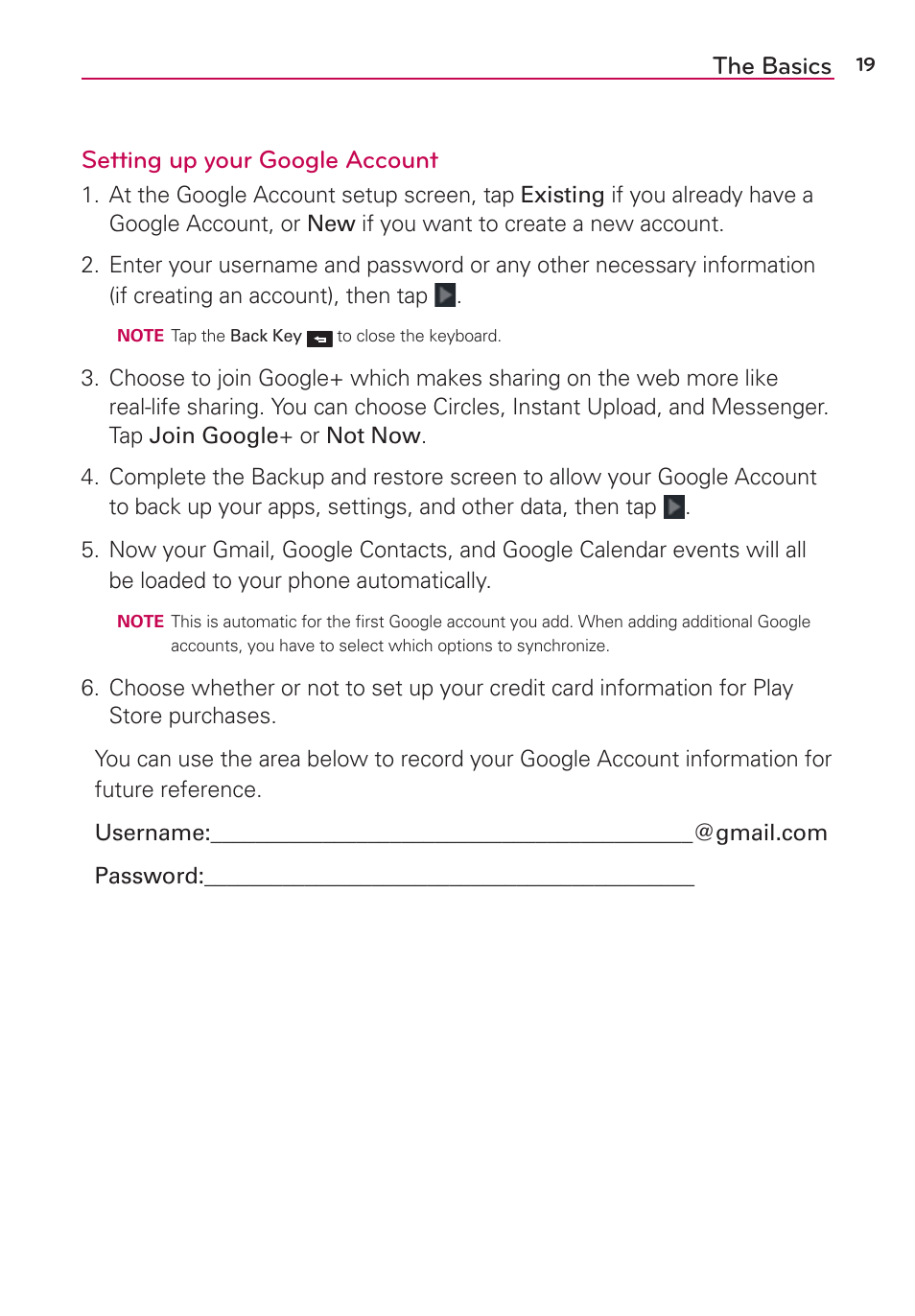 The basics setting up your google account | LG LGVS870 User Manual | Page 21 / 223