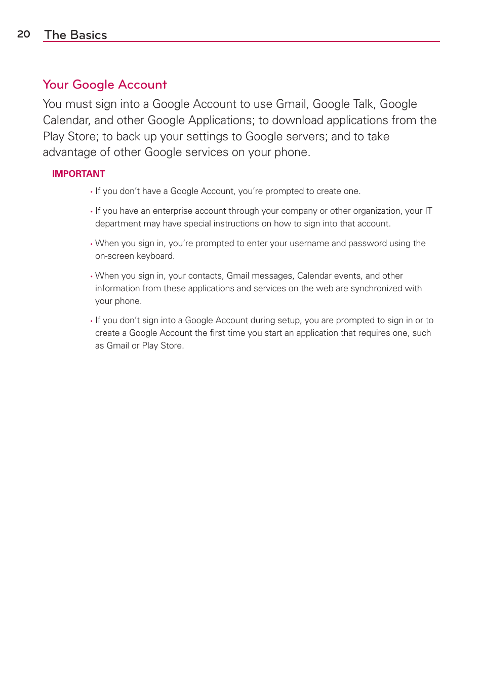 The basics your google account | LG LGVS870 User Manual | Page 22 / 223