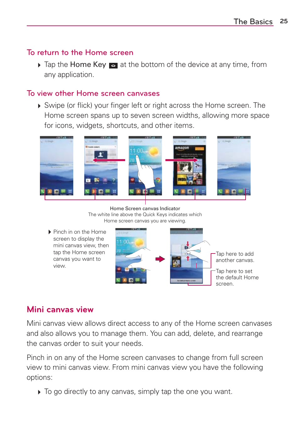 Mini canvas view, The basics to return to the home screen | LG LGVS870 User Manual | Page 27 / 223