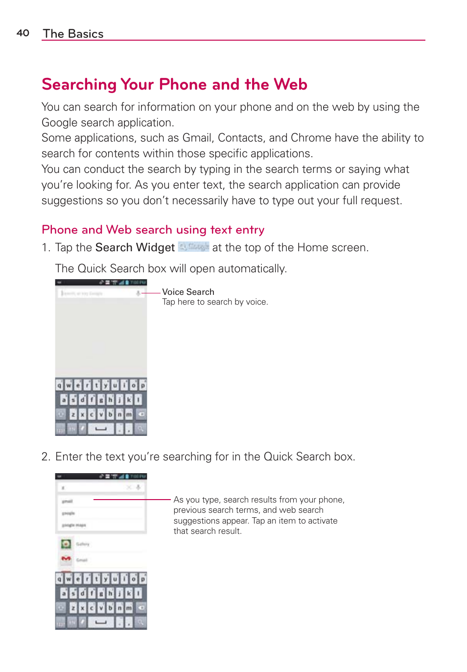 Searching your phone and the web | LG LGVS870 User Manual | Page 42 / 223
