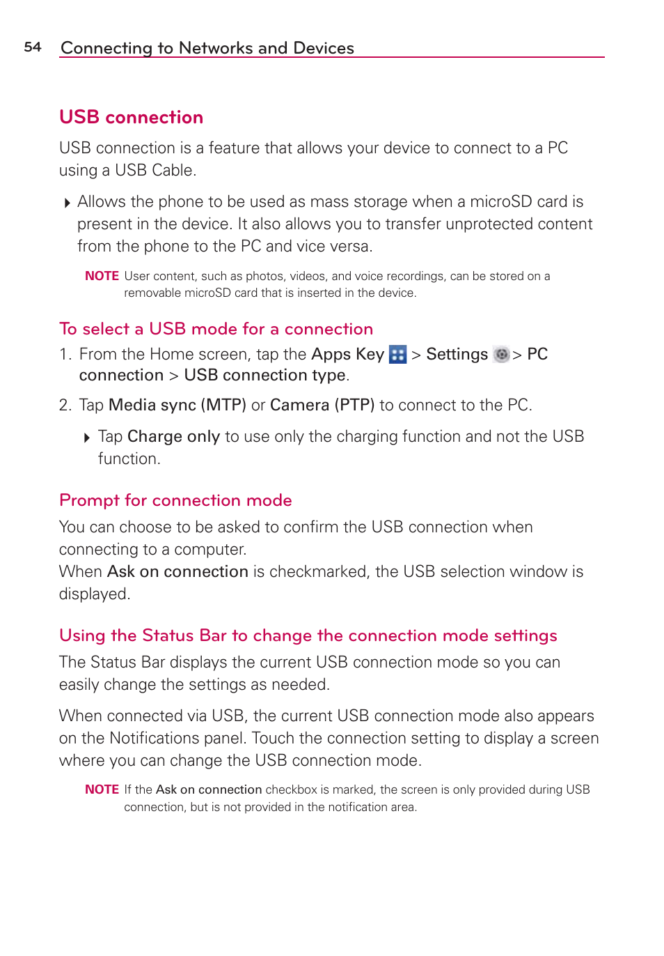 Usb connection, Connecting to networks and devices, Prompt for connection mode | LG LGVS870 User Manual | Page 56 / 223