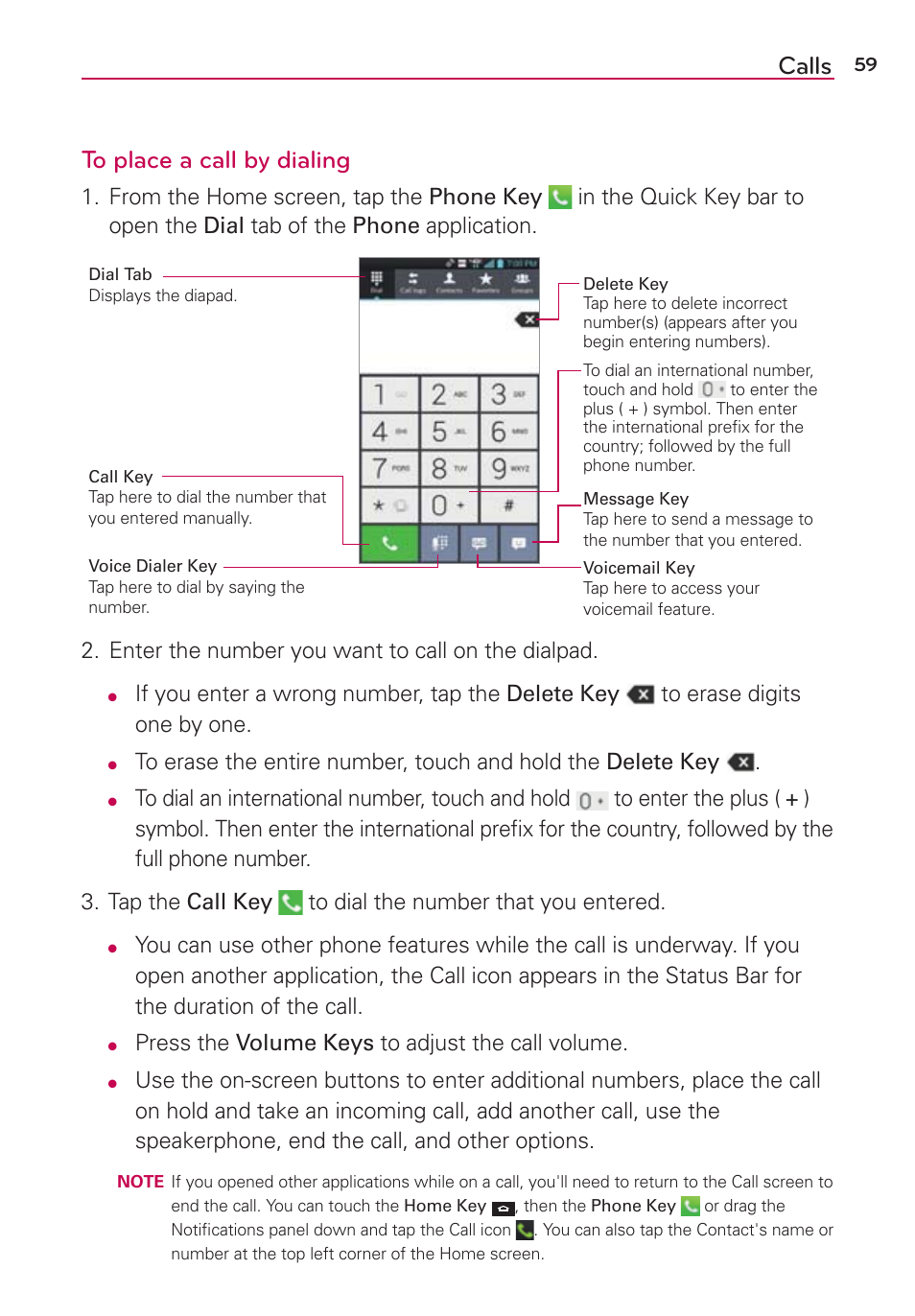 Calls to place a call by dialing | LG LGVS870 User Manual | Page 61 / 223