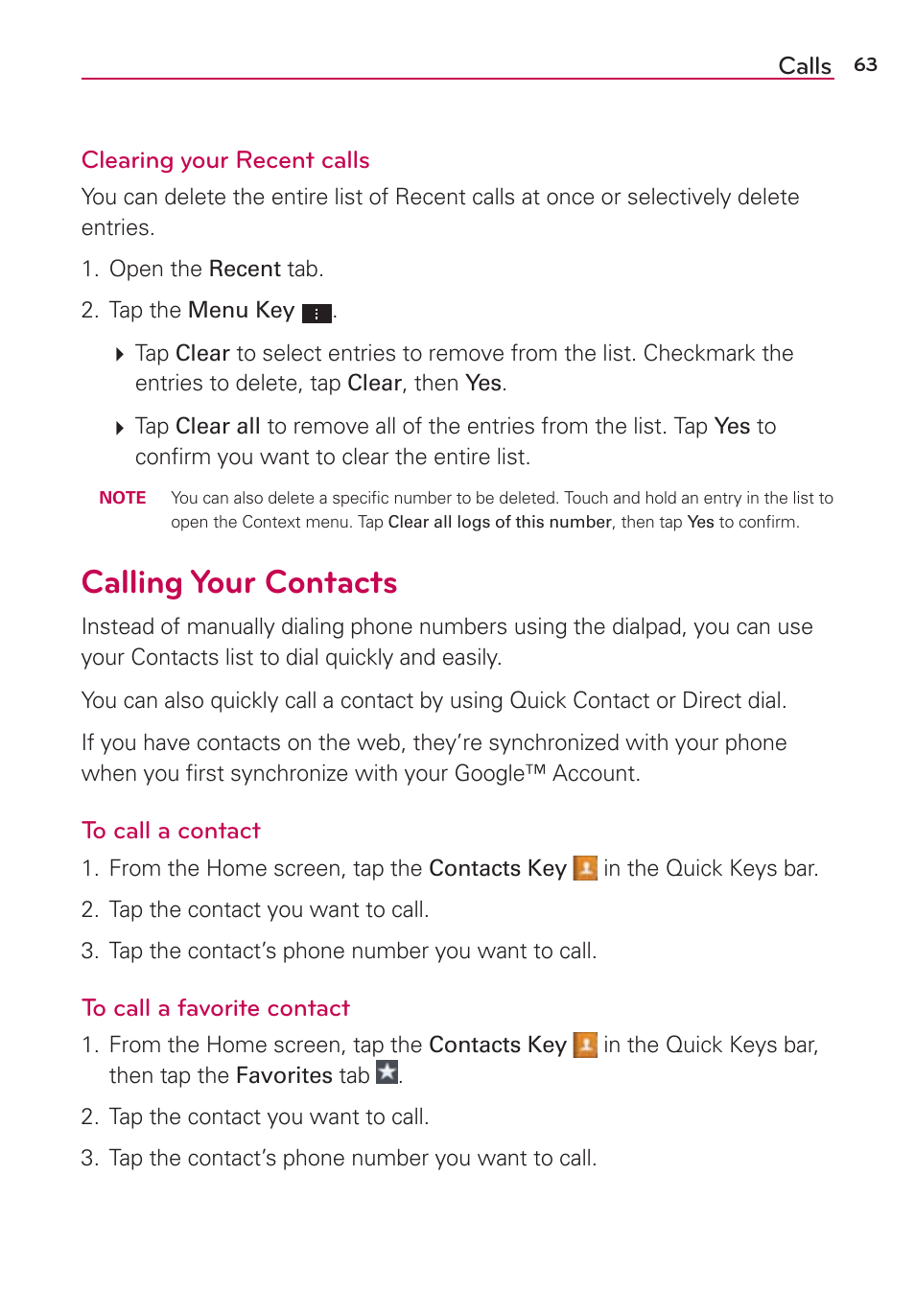 Calling your contacts | LG LGVS870 User Manual | Page 65 / 223