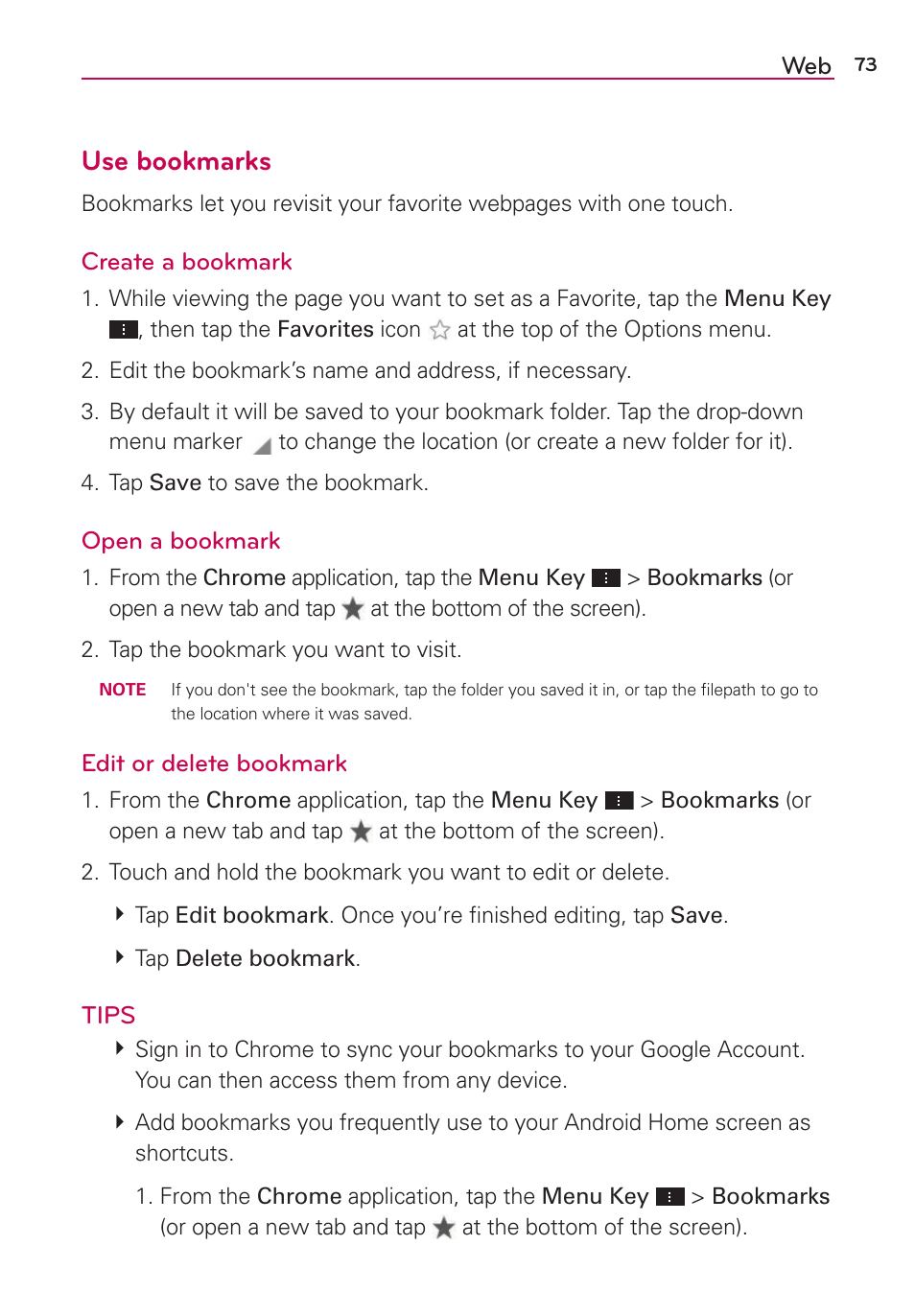 Use bookmarks | LG LGVS870 User Manual | Page 75 / 223