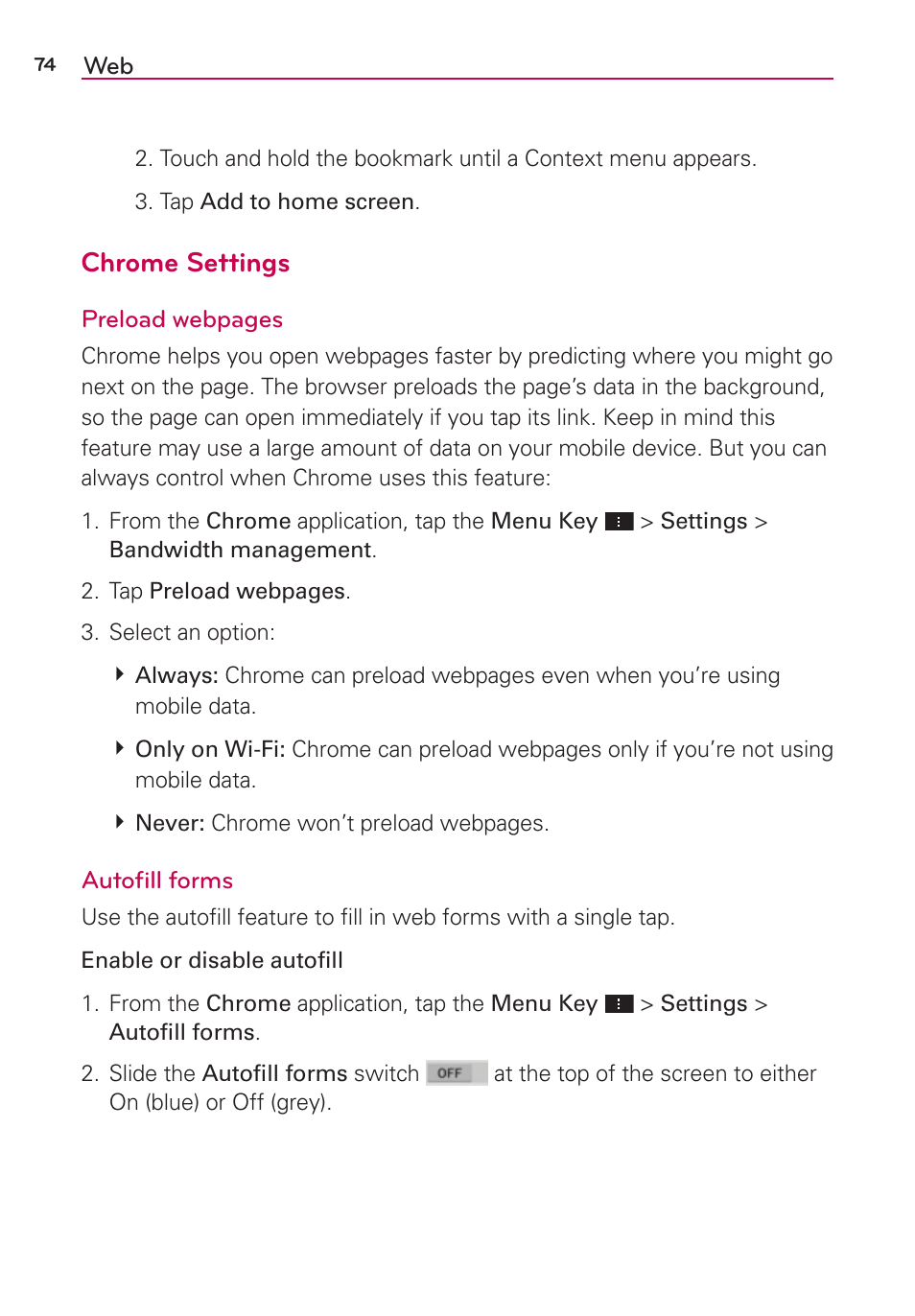 Chrome settings | LG LGVS870 User Manual | Page 76 / 223
