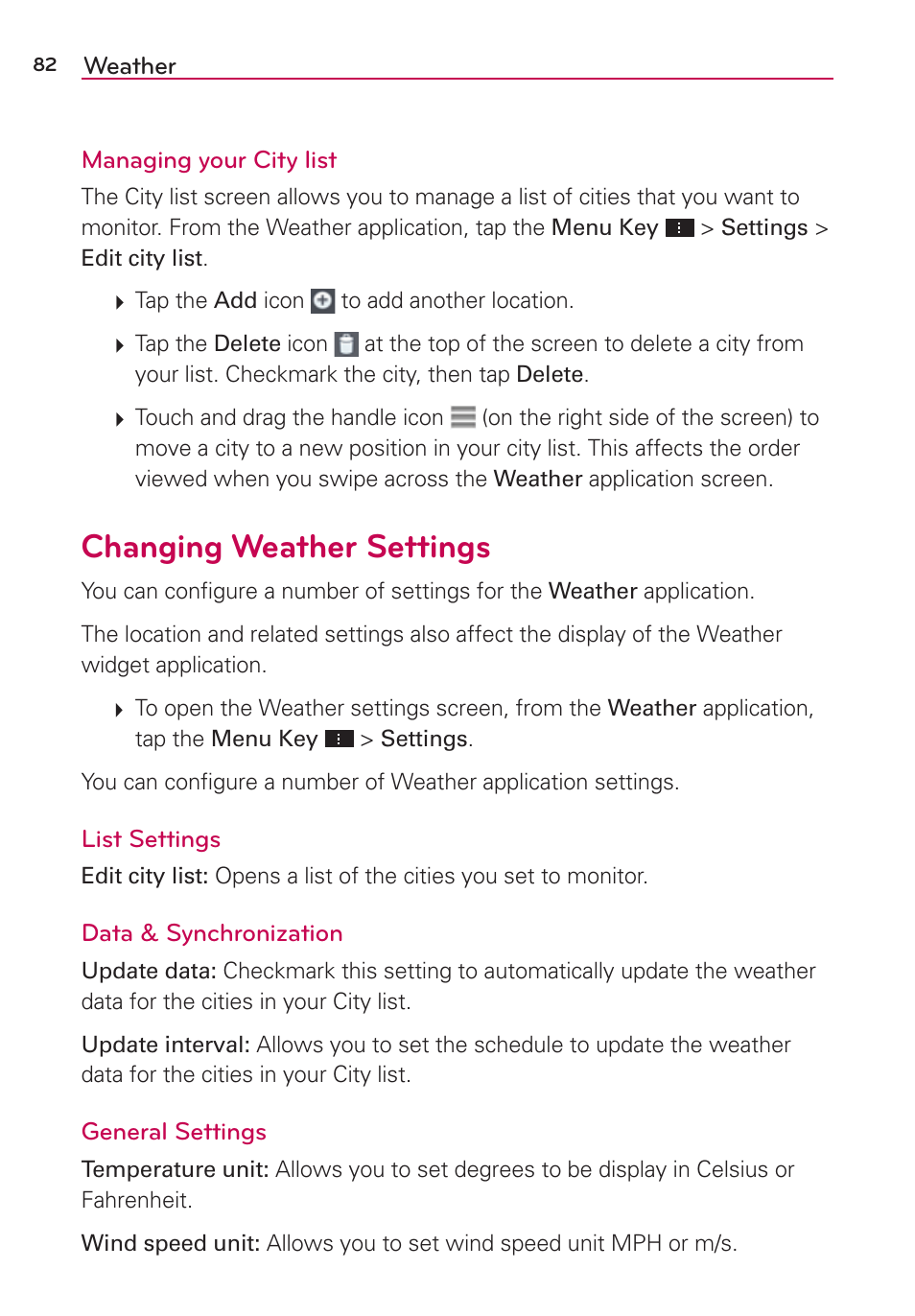 Changing weather settings | LG LGVS870 User Manual | Page 84 / 223