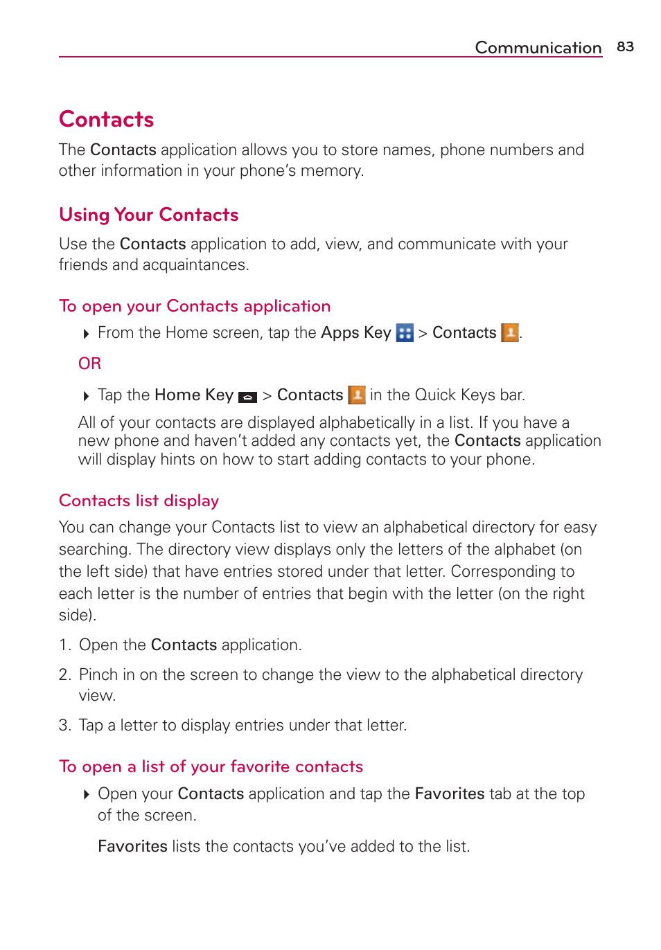Communication, Contacts, Using your contacts | LG LGVS870 User Manual | Page 85 / 223