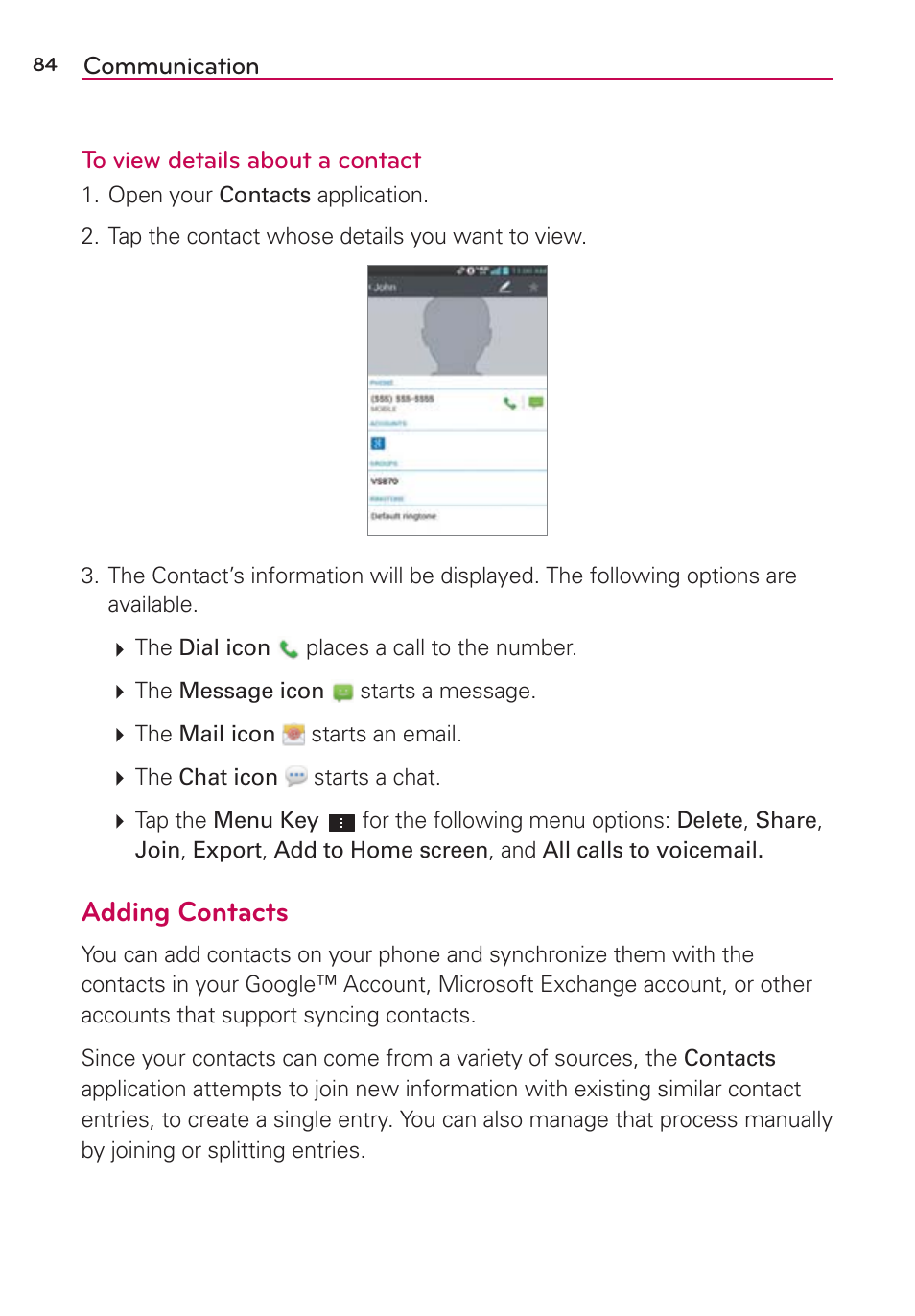 Adding contacts | LG LGVS870 User Manual | Page 86 / 223
