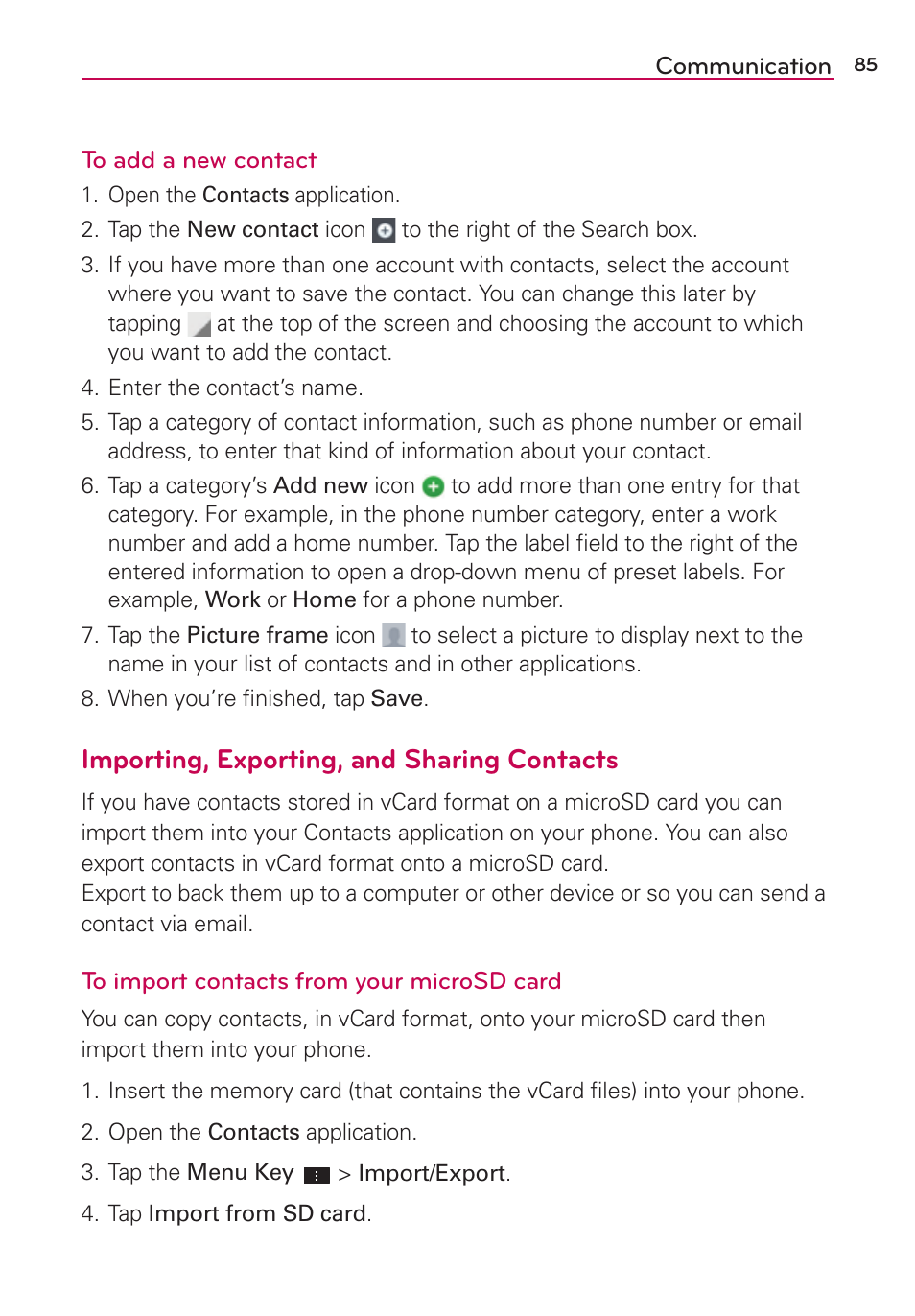 Importing, exporting, and sharing contacts | LG LGVS870 User Manual | Page 87 / 223