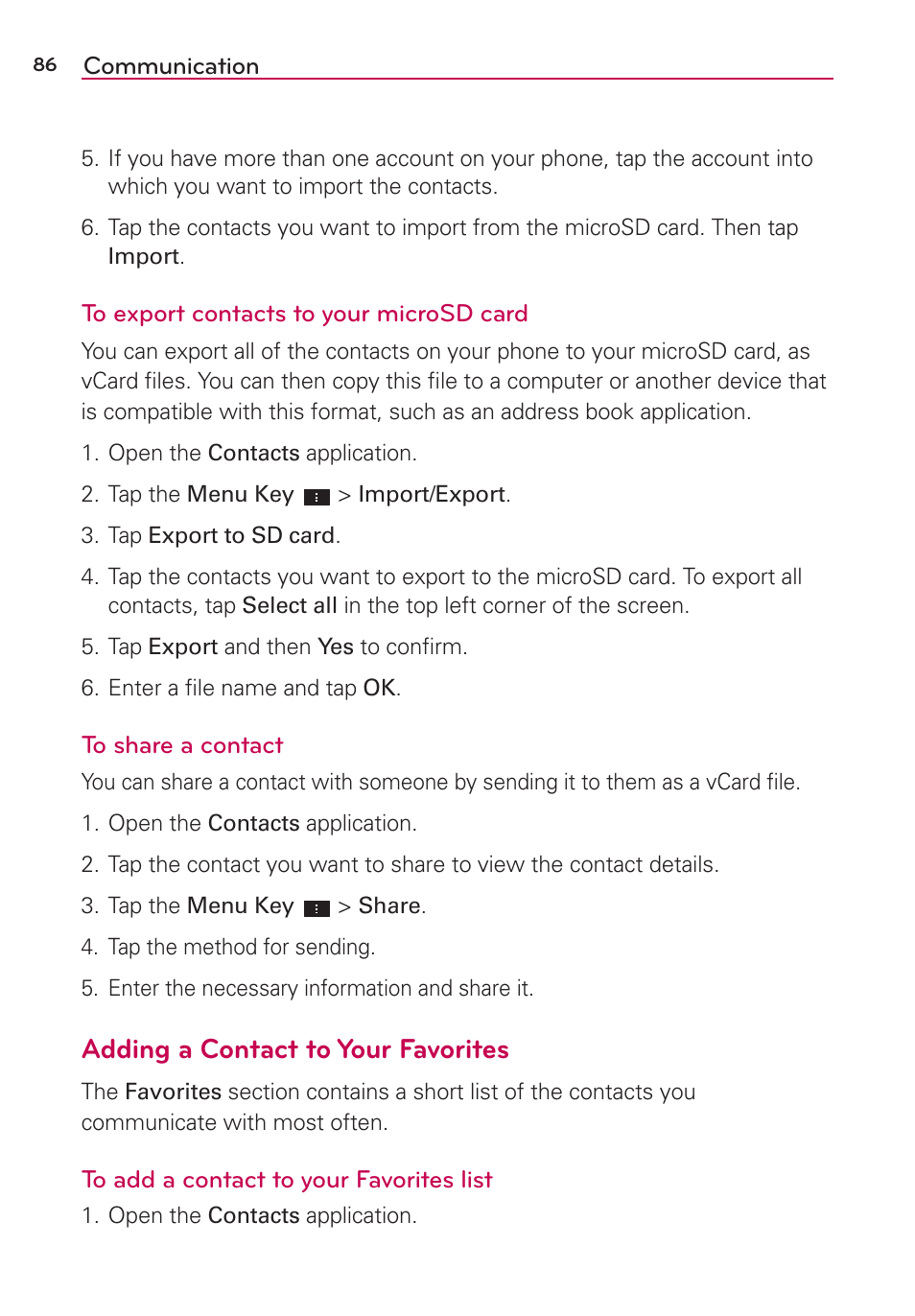 Adding a contact to your favorites | LG LGVS870 User Manual | Page 88 / 223