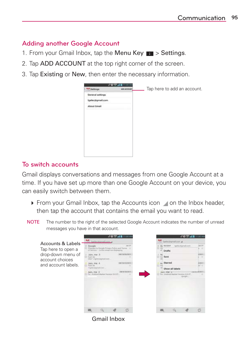 Communication adding another google account | LG LGVS870 User Manual | Page 97 / 223