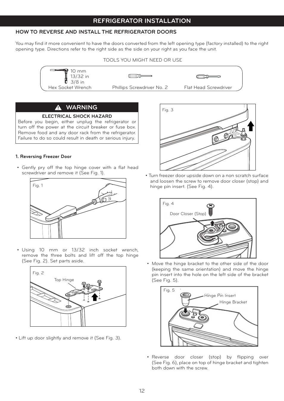 Warning, Refrigerator installation | LG LTC19340ST User Manual | Page 12 / 31