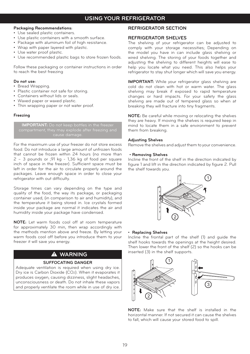 Using your refrigerator, Warning | LG LTC19340ST User Manual | Page 19 / 31