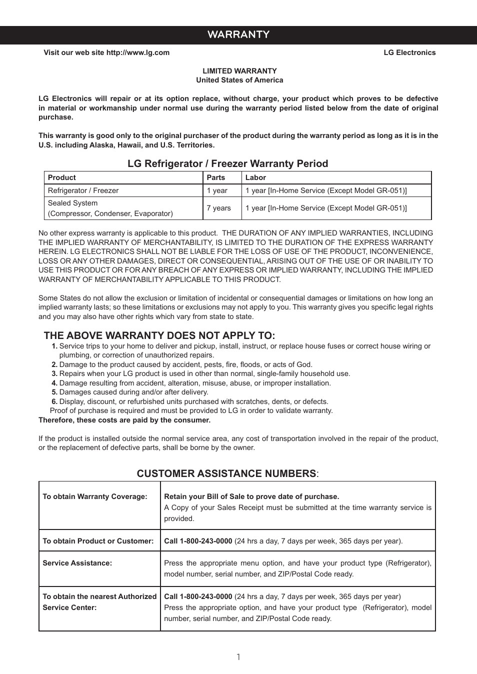 Warranty, Lg refrigerator / freezer warranty period, The above warranty does not apply to | Customer assistance numbers | LG LTC19340ST User Manual | Page 2 / 31