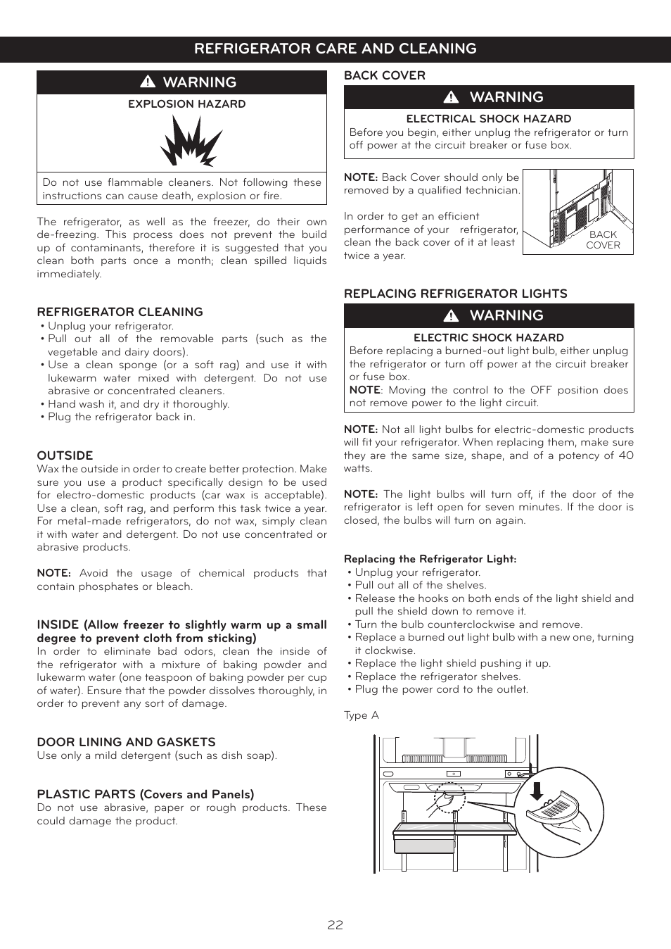 Warning, Refrigerator care and cleaning | LG LTC19340ST User Manual | Page 22 / 31