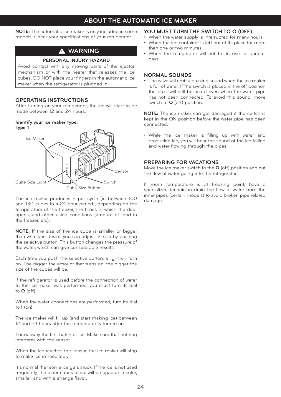 Warning, About the automatic ice maker | LG LTC19340ST User Manual | Page 24 / 31