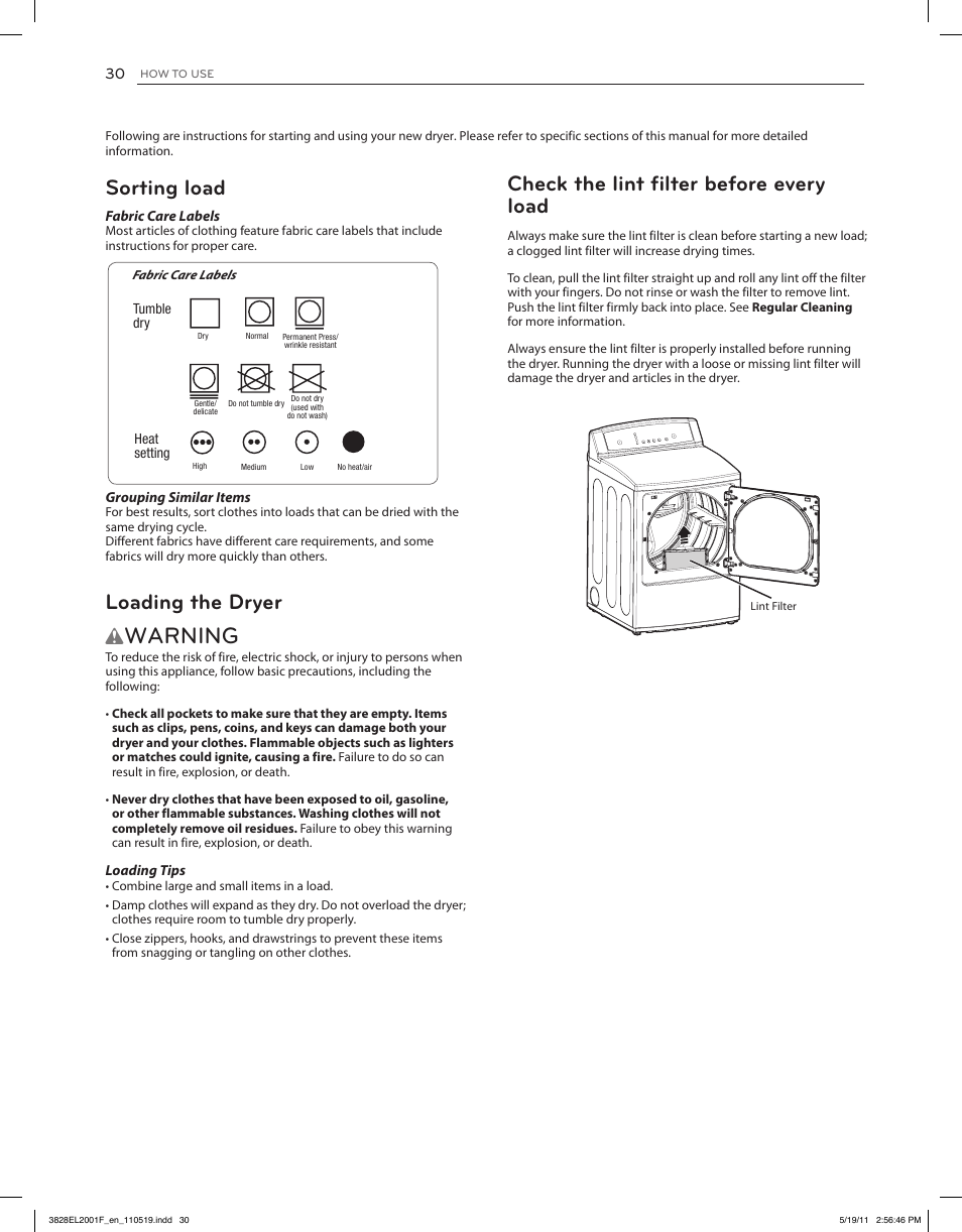 Warning, Check the lint filter before every load, Sorting load | Loading the dryer | LG DLG4802W User Manual | Page 30 / 76
