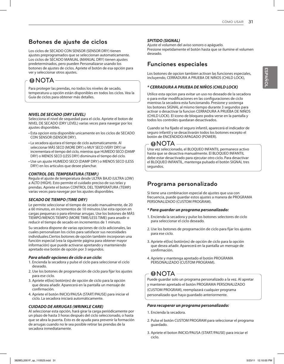 Nota, Botones de ajuste de ciclos, Funciones especiales | Programa personalizado | LG DLG4802W User Manual | Page 67 / 76