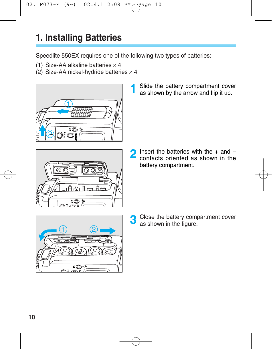 Installing batteries | Canon 550 EX User Manual | Page 10 / 128