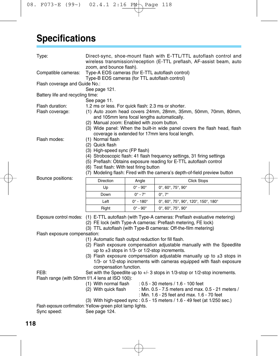 Specifications | Canon 550 EX User Manual | Page 118 / 128
