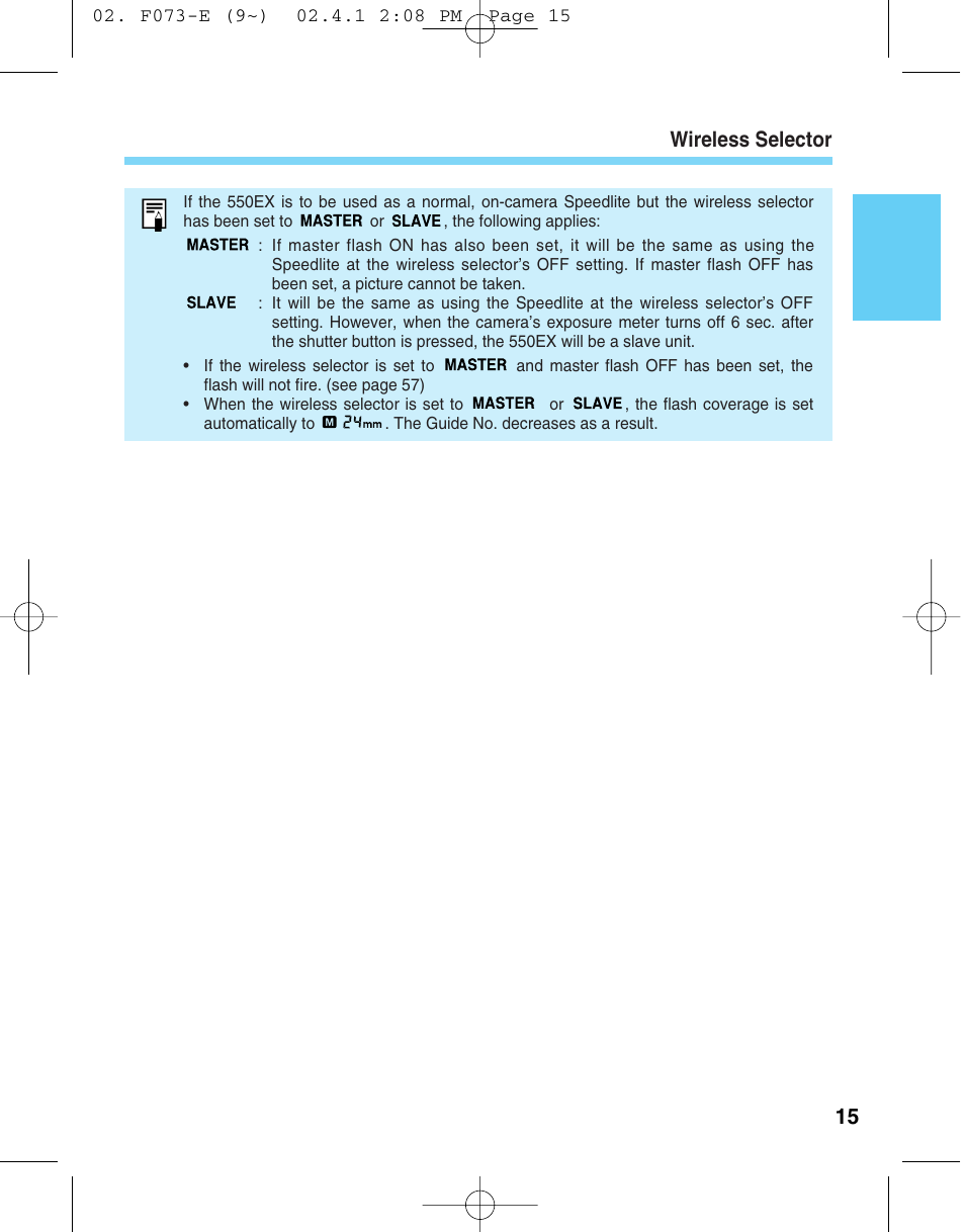 Wireless selector 15 | Canon 550 EX User Manual | Page 15 / 128