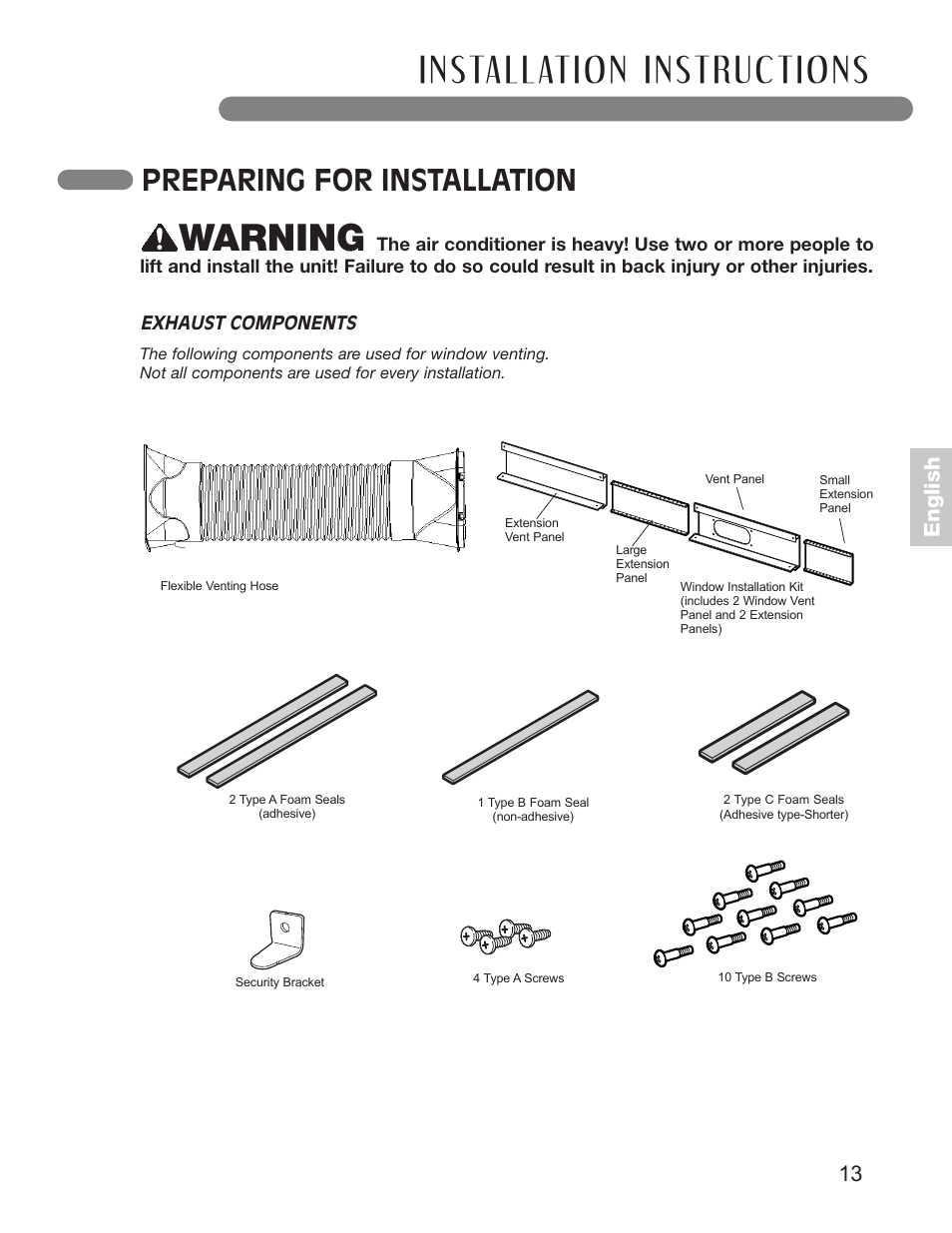 Warning, Preparing for installation, English | LG LP1010SNR User Manual | Page 13 / 48