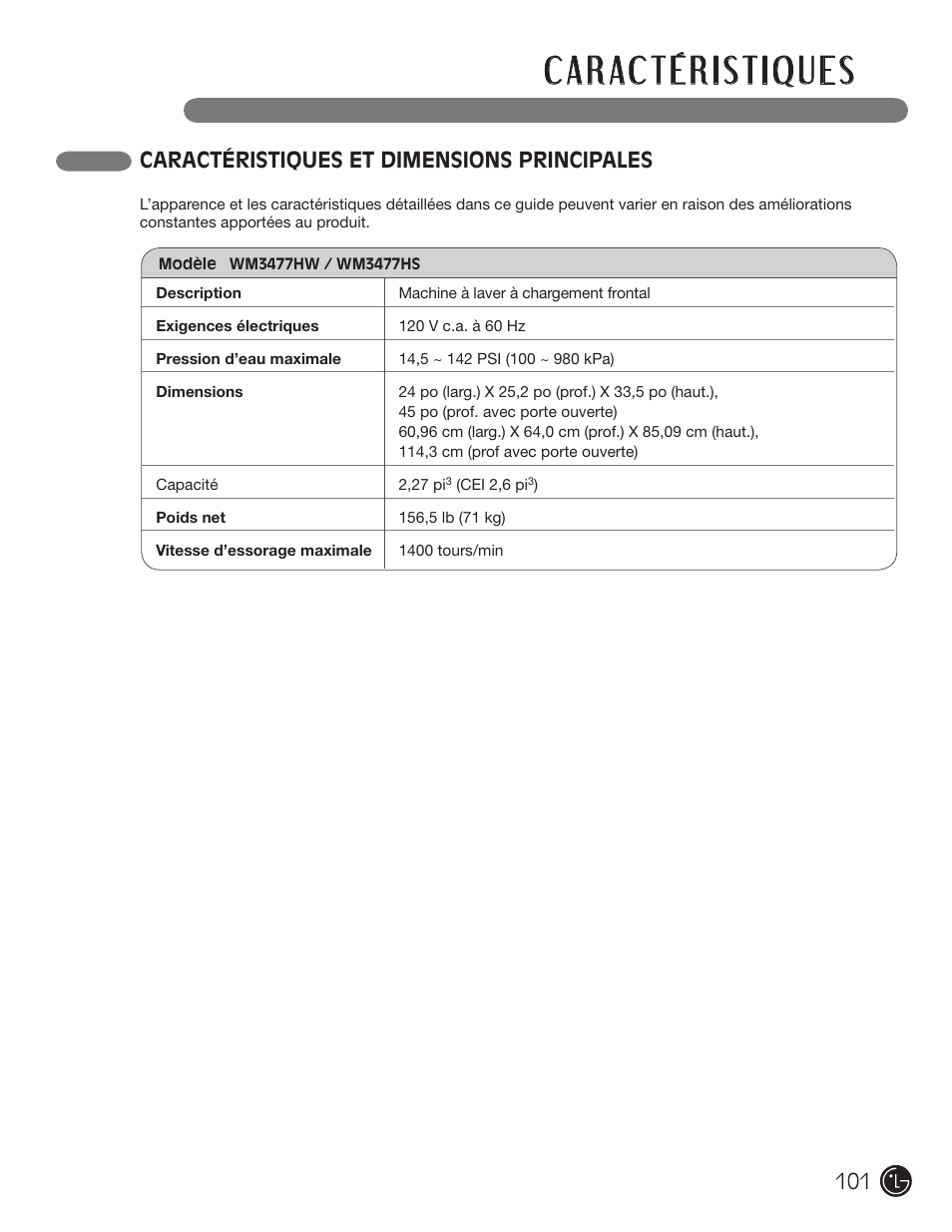 Caractéristiques et dimensions principales | LG WM3477HS User Manual | Page 102 / 109