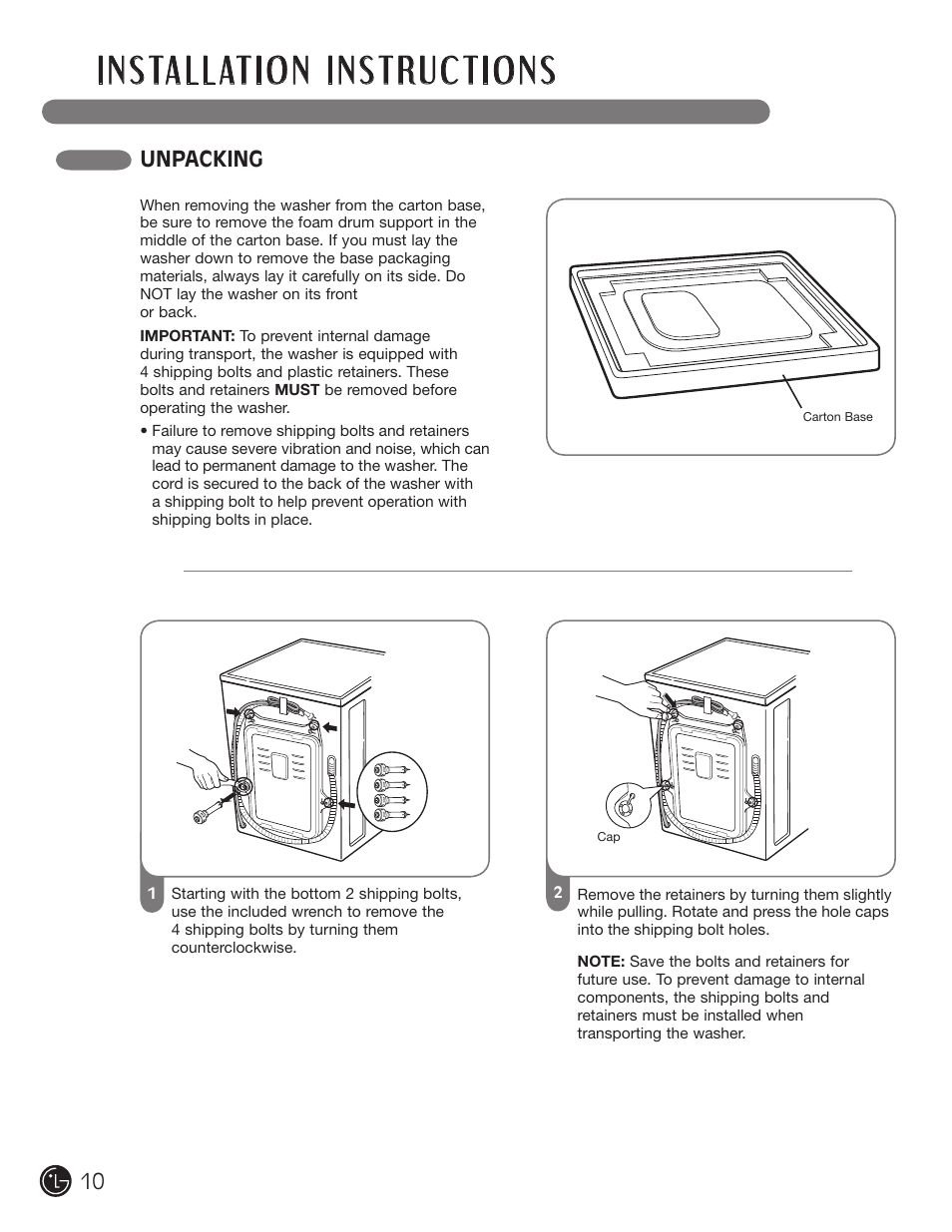 Unpacking 10 | LG WM3477HS User Manual | Page 11 / 109