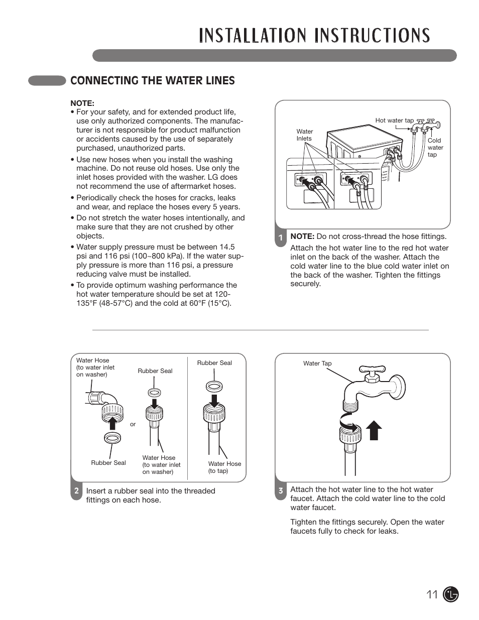 Connecting the water lines | LG WM3477HS User Manual | Page 12 / 109
