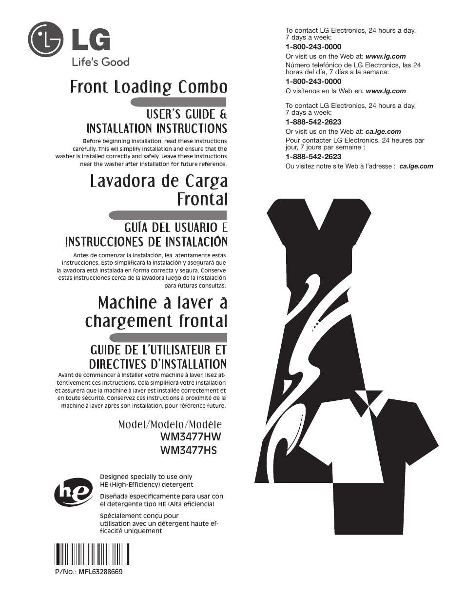 Front loading combo, Lavadora de carga frontal, Machine à laver à chargement frontal | User’s guide & installation instructions, Guía del usuario e instrucciones de instalación | LG WM3477HS User Manual | Page 2 / 109