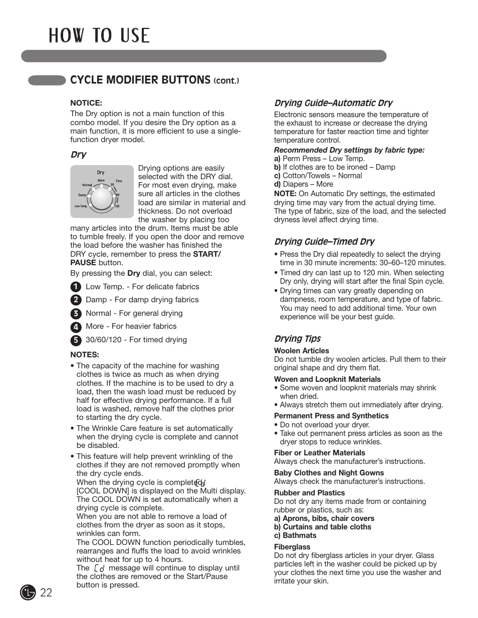 H o w to u s e, Cycle modifier buttons | LG WM3477HS User Manual | Page 23 / 109