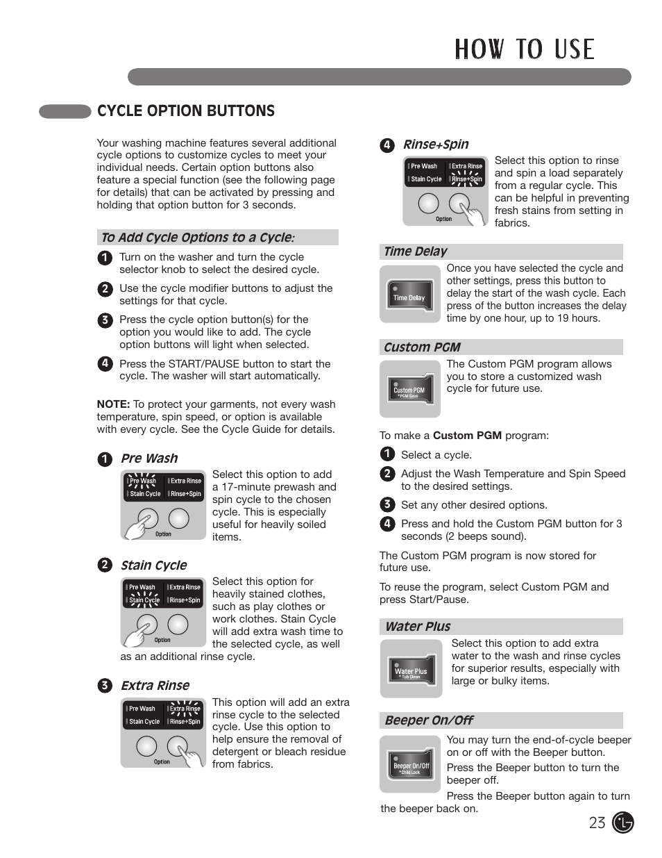 H o w to u s e, Cycle option buttons | LG WM3477HS User Manual | Page 24 / 109