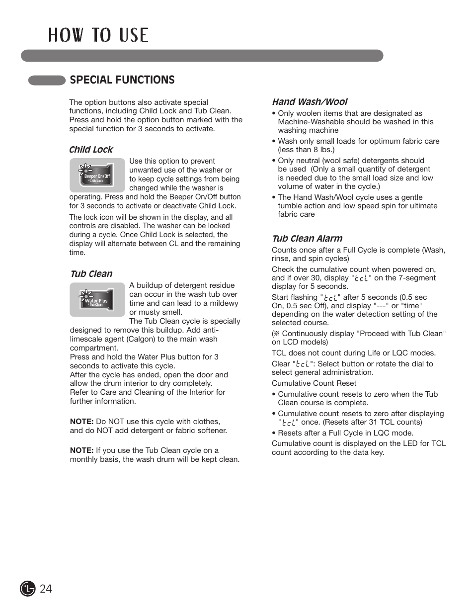 H o w to u s e, Special functions | LG WM3477HS User Manual | Page 25 / 109