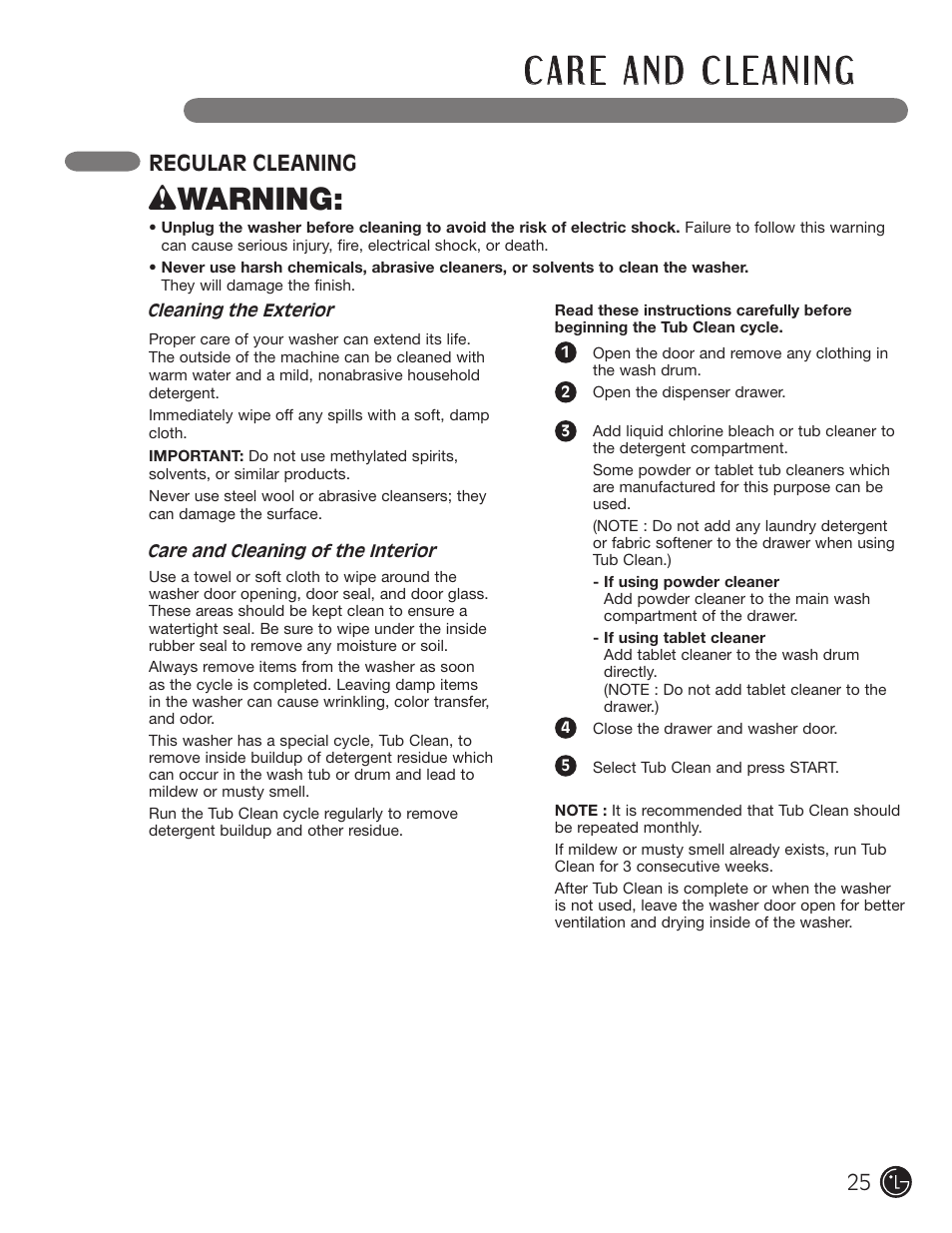Wwarning, Regular cleaning | LG WM3477HS User Manual | Page 26 / 109