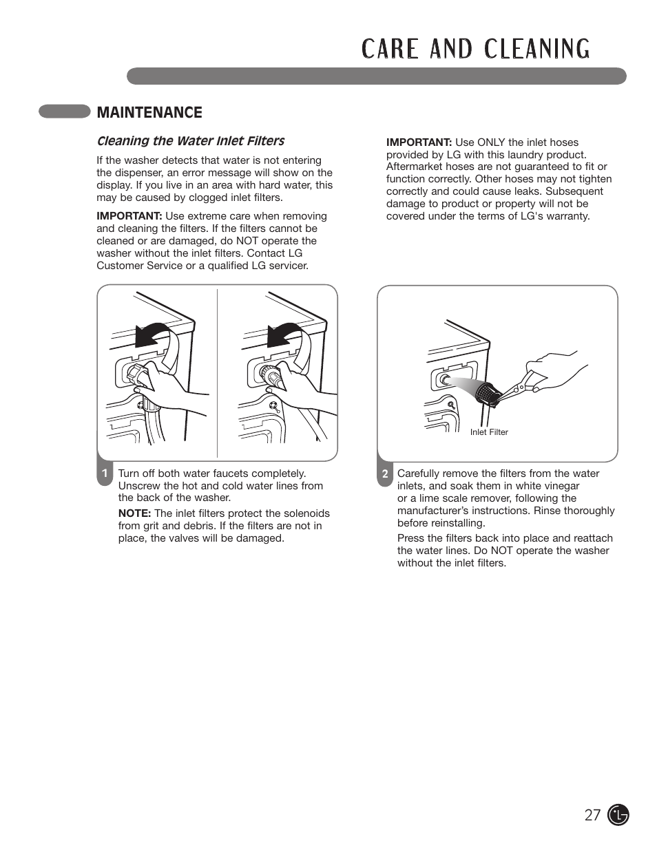 Maintenance | LG WM3477HS User Manual | Page 28 / 109