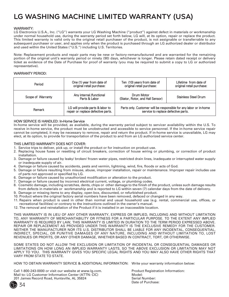 Lg washing machine limited warranty (usa) | LG WM3477HS User Manual | Page 35 / 109