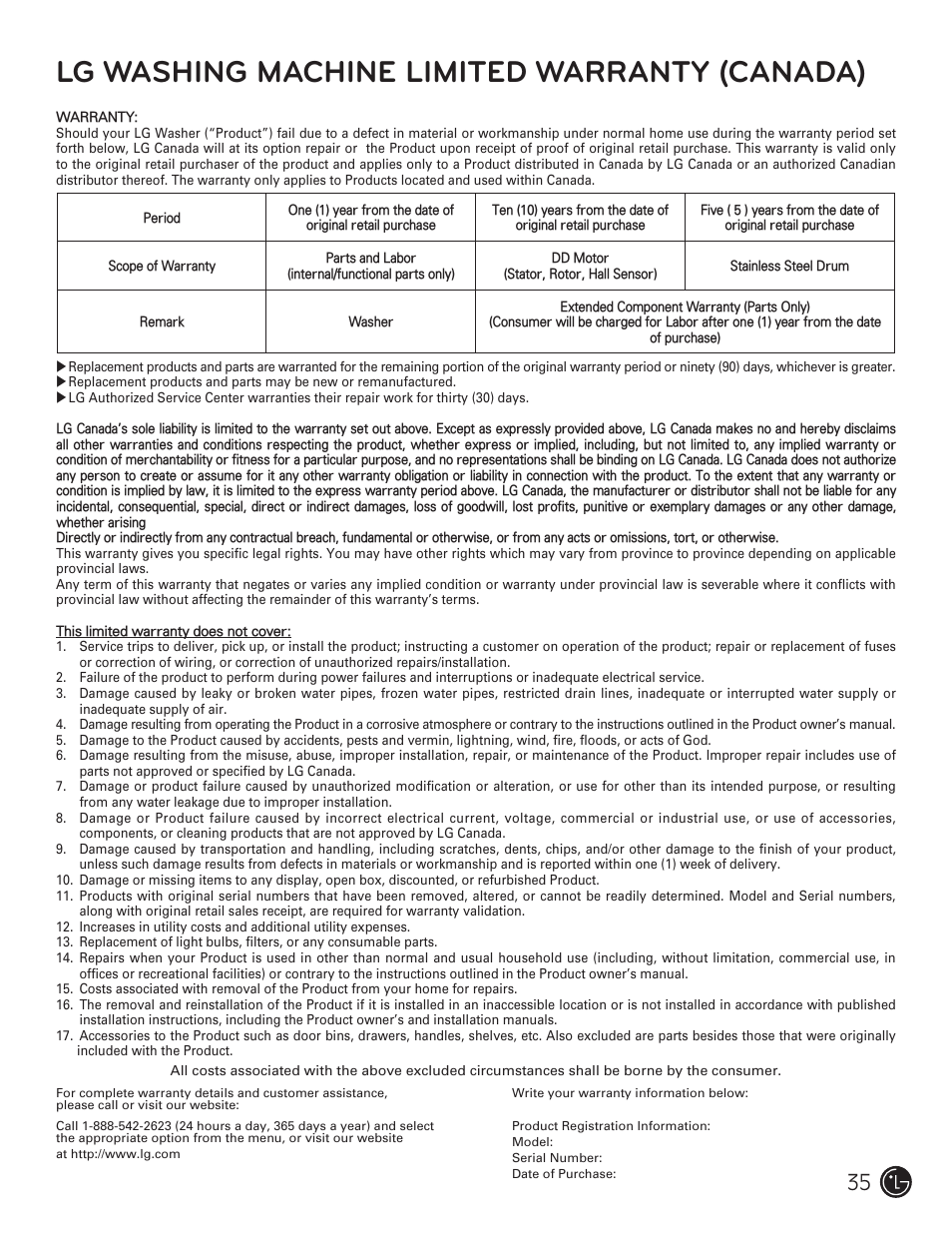 Lg washing machine limited warranty (canada) | LG WM3477HS User Manual | Page 36 / 109