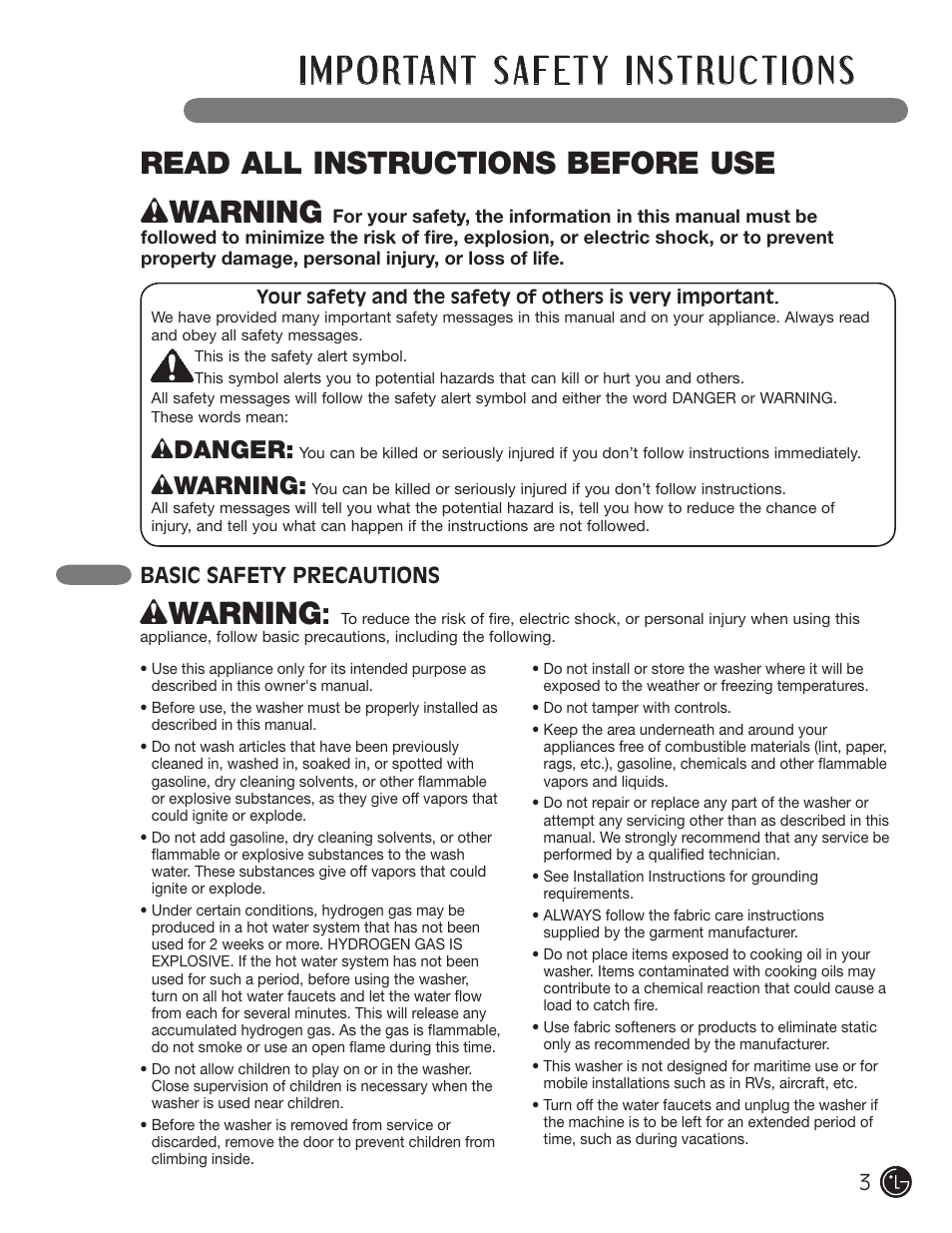 Wwarning, Read all instructions before use, Wdanger | Basic safety precautions 3 | LG WM3477HS User Manual | Page 4 / 109