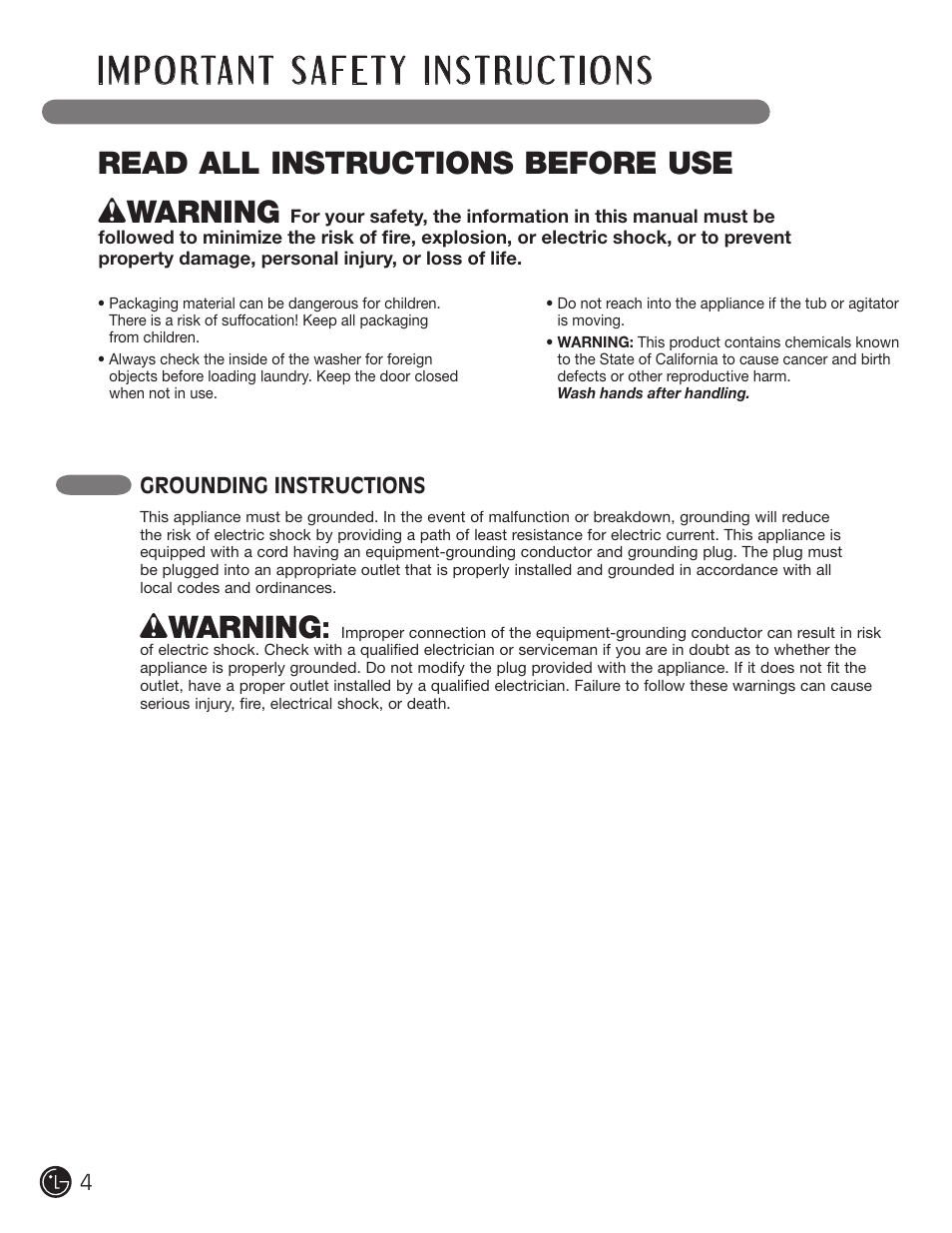 Wwarning, Read all instructions before use | LG WM3477HS User Manual | Page 5 / 109