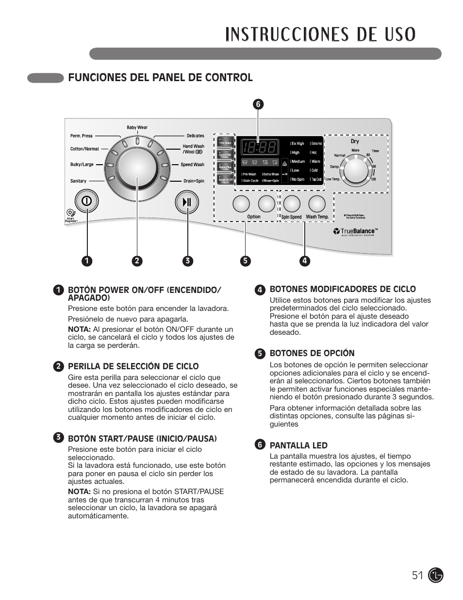 Funciones del panel de control | LG WM3477HS User Manual | Page 52 / 109