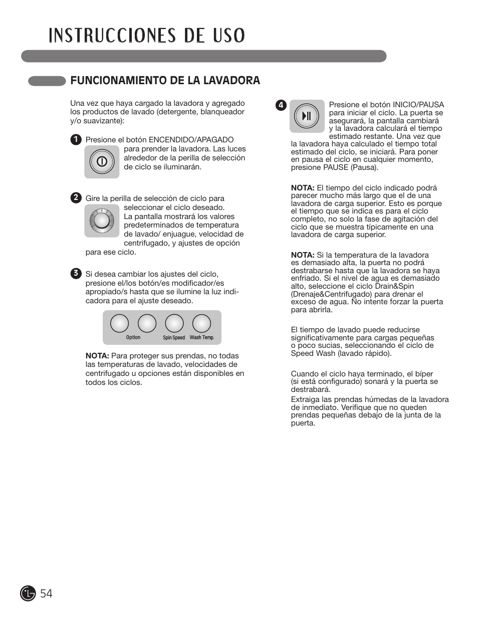 Funcionamiento de la lavadora | LG WM3477HS User Manual | Page 55 / 109