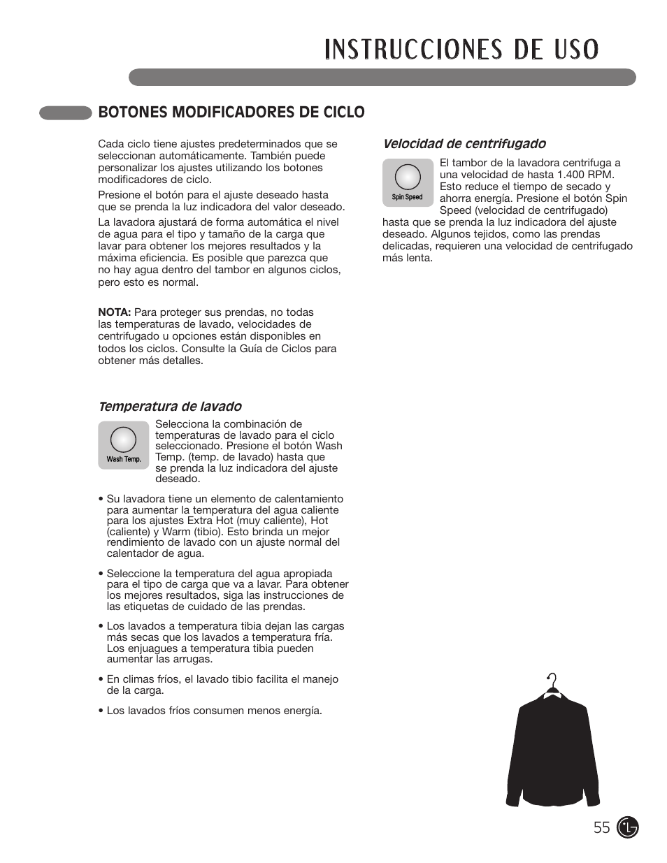 Botones modificadores de ciclo | LG WM3477HS User Manual | Page 56 / 109