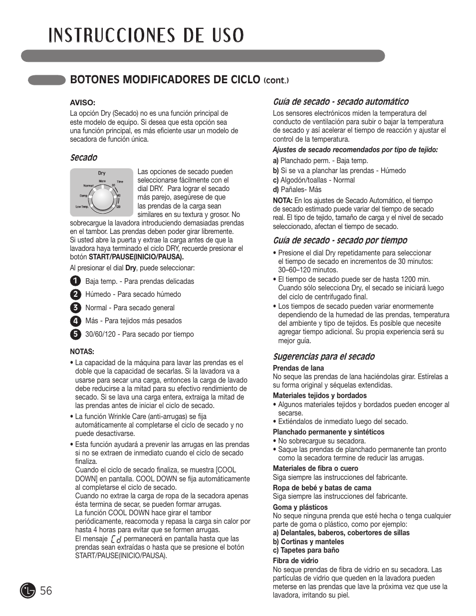 Botones modificadores de ciclo | LG WM3477HS User Manual | Page 57 / 109