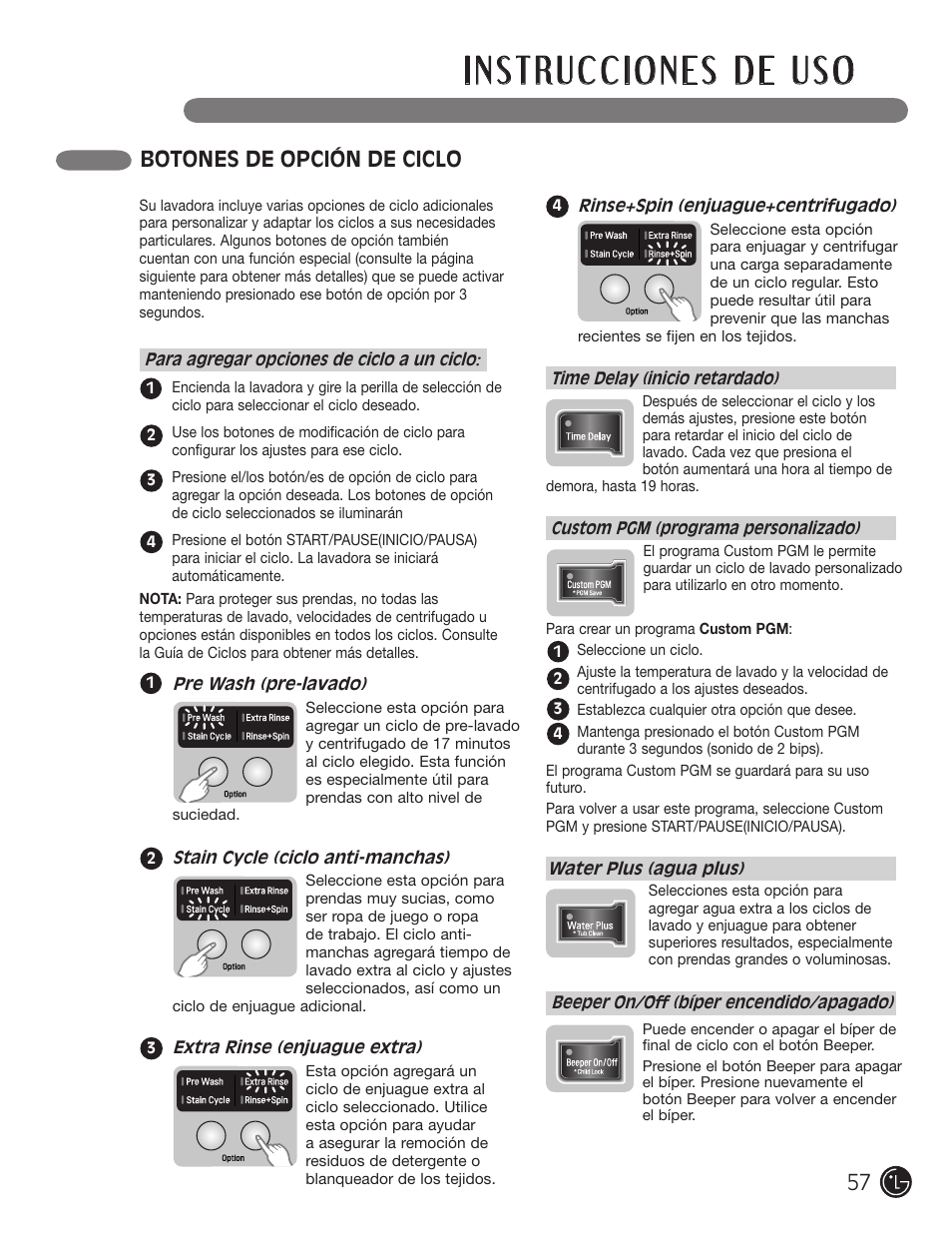 Botones de opción de ciclo | LG WM3477HS User Manual | Page 58 / 109